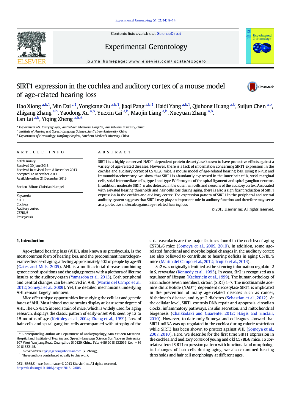 SIRT1 expression in the cochlea and auditory cortex of a mouse model of age-related hearing loss