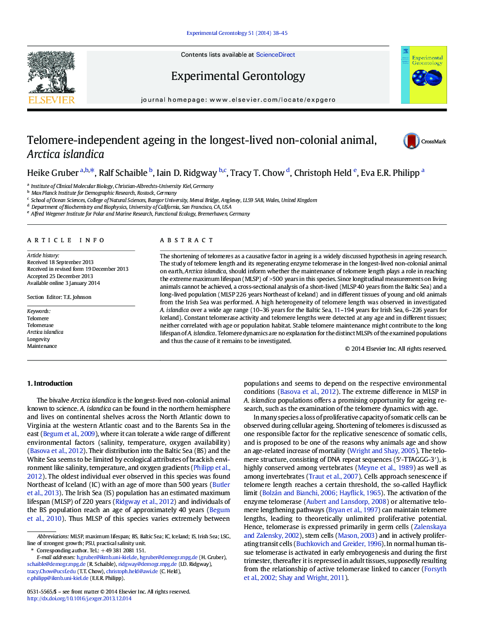 Telomere-independent ageing in the longest-lived non-colonial animal, Arctica islandica