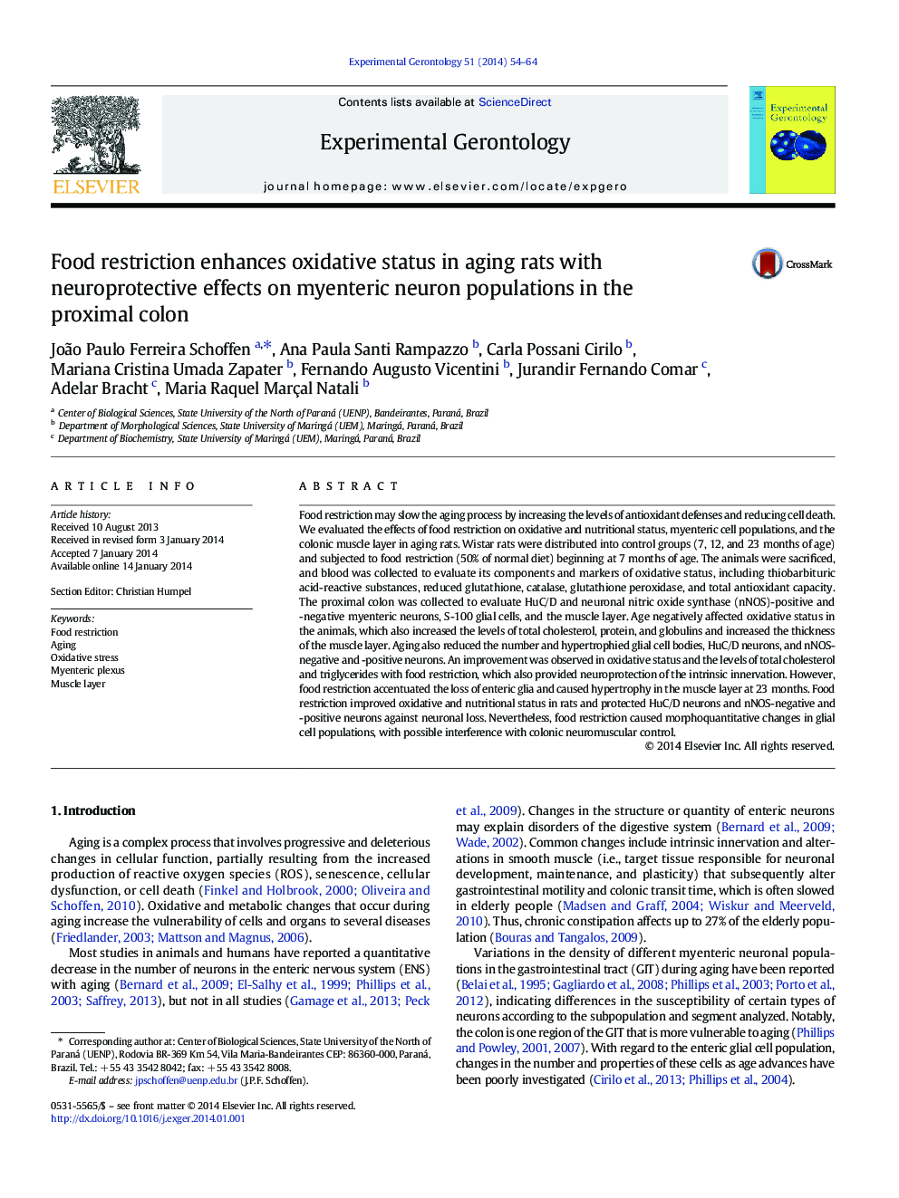 Food restriction enhances oxidative status in aging rats with neuroprotective effects on myenteric neuron populations in the proximal colon