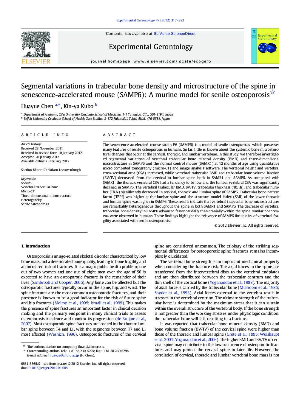 Segmental variations in trabecular bone density and microstructure of the spine in senescence-accelerated mouse (SAMP6): A murine model for senile osteoporosis 