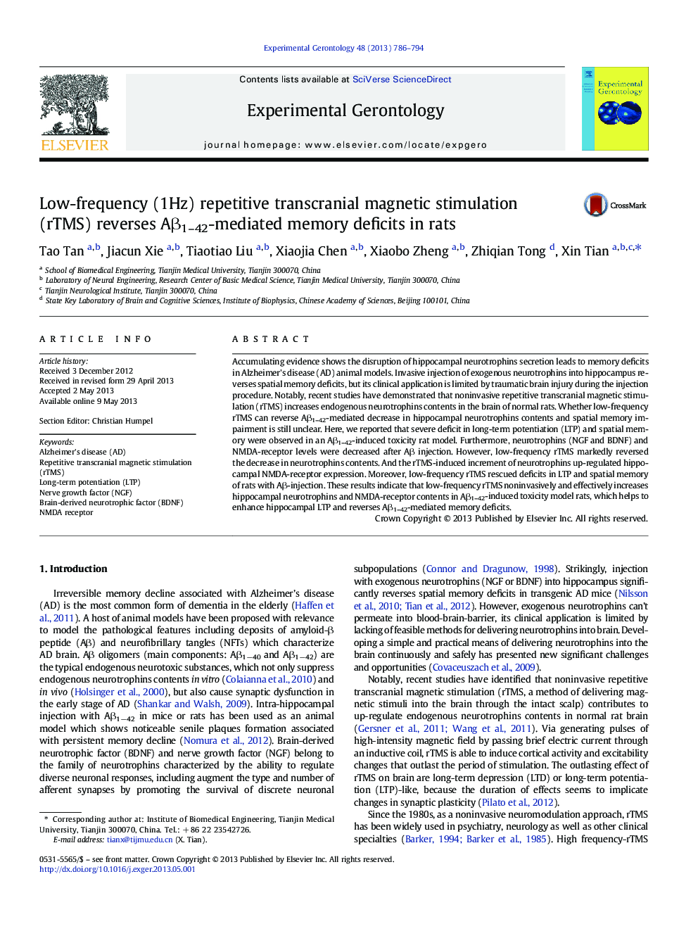 Low-frequency (1Hz) repetitive transcranial magnetic stimulation (rTMS) reverses Aβ1–42-mediated memory deficits in rats