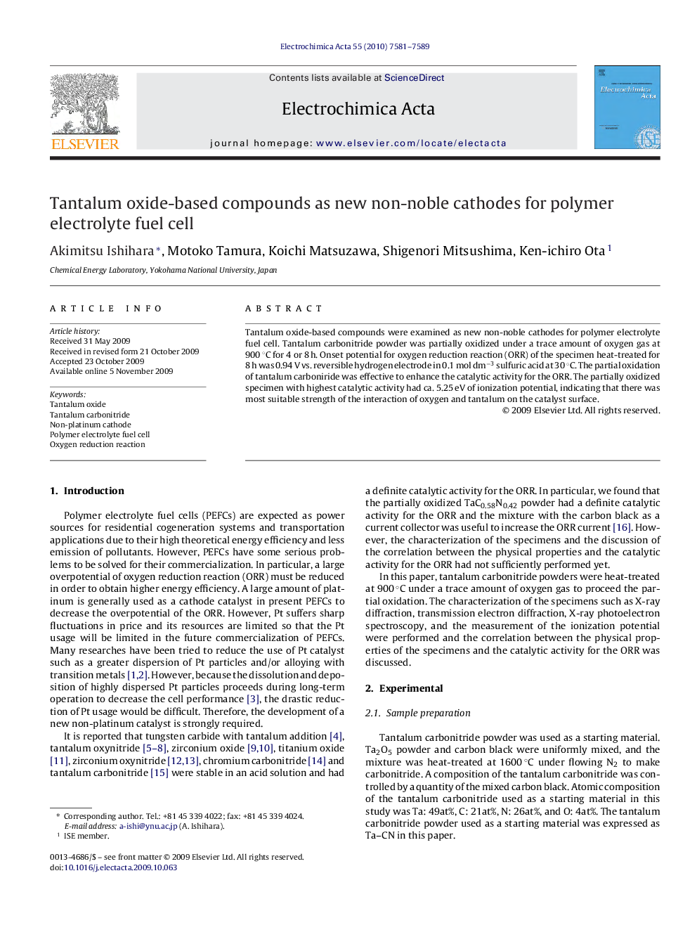 عکس صفحه اول مقاله: Tantalum oxide-based compounds as new non-noble cathodes for polymer electrolyte fuel cell Tantalum oxide-based compounds as new non-noble cathodes for polymer electrolyte fuel cell