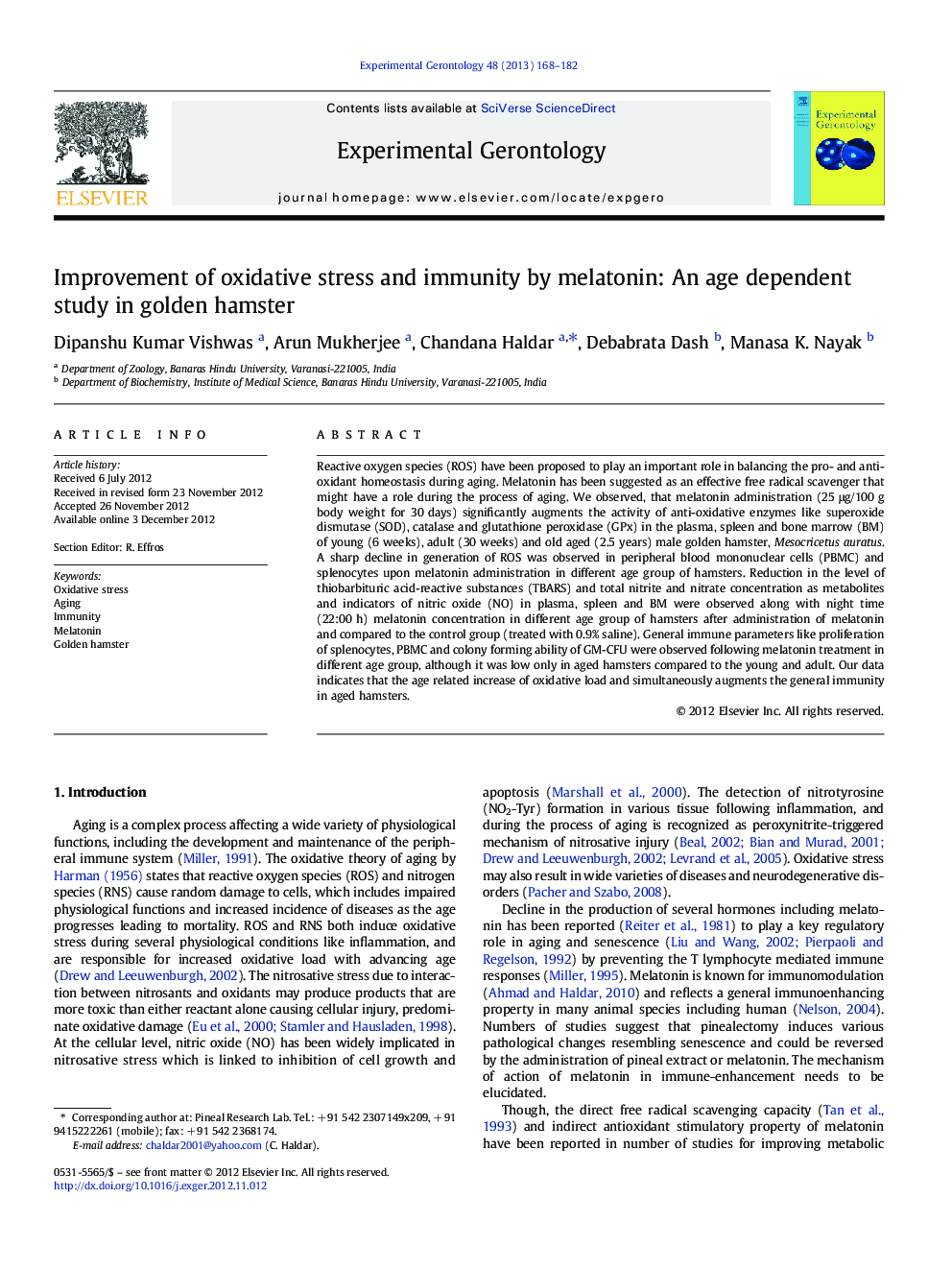 Improvement of oxidative stress and immunity by melatonin: An age dependent study in golden hamster