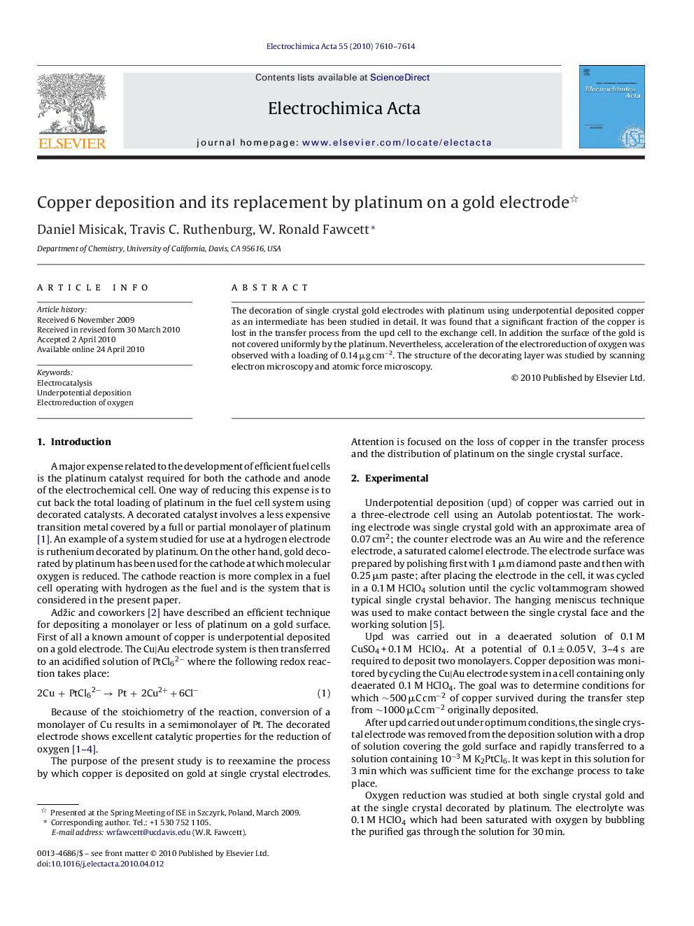 Copper deposition and its replacement by platinum on a gold electrode 