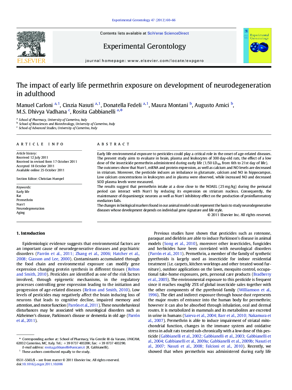 The impact of early life permethrin exposure on development of neurodegeneration in adulthood