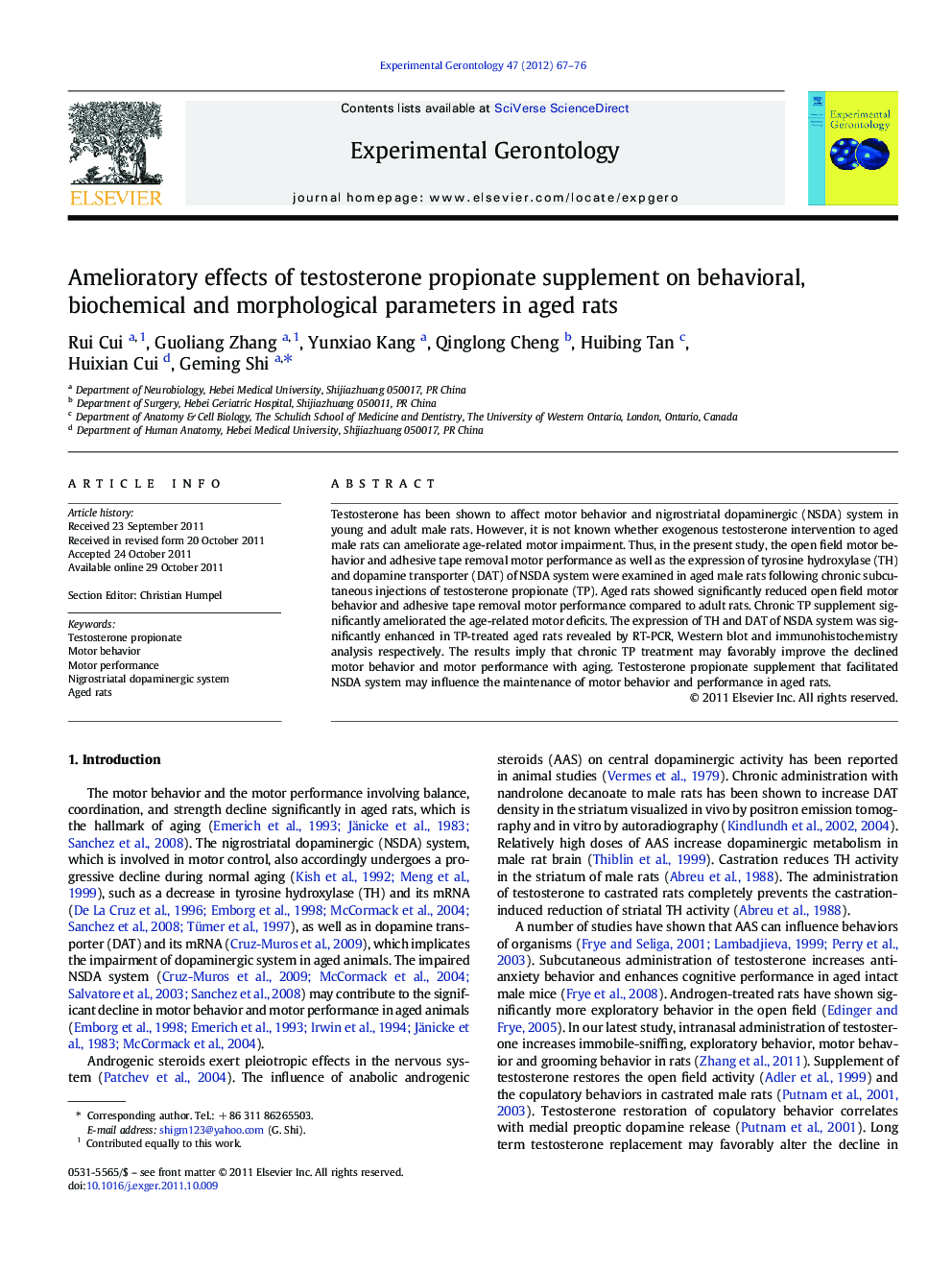 Amelioratory effects of testosterone propionate supplement on behavioral, biochemical and morphological parameters in aged rats