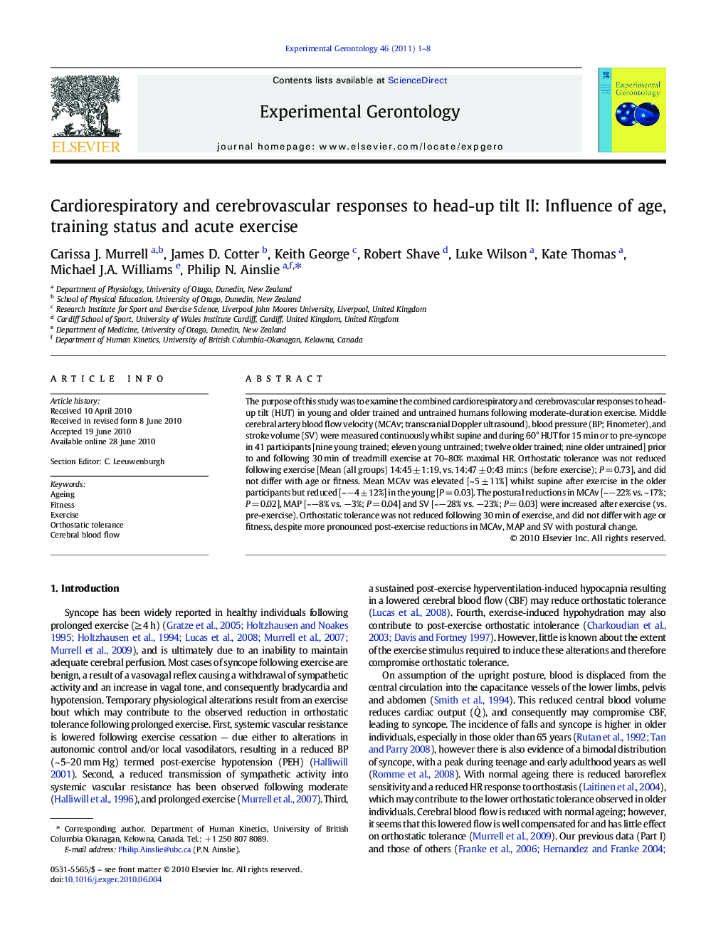 Cardiorespiratory and cerebrovascular responses to head-up tilt II: Influence of age, training status and acute exercise