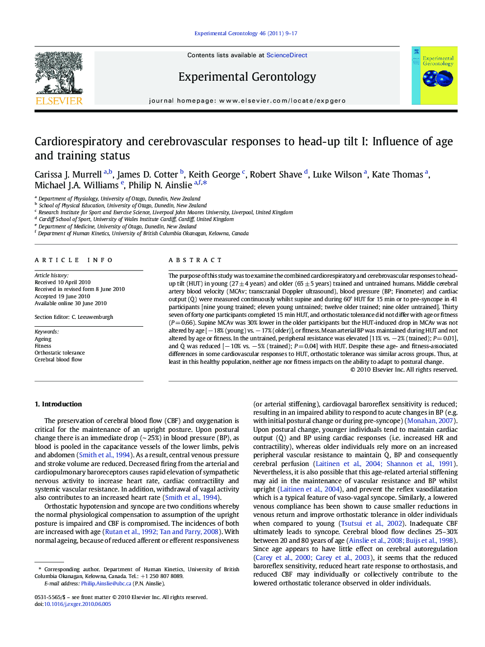 Cardiorespiratory and cerebrovascular responses to head-up tilt I: Influence of age and training status