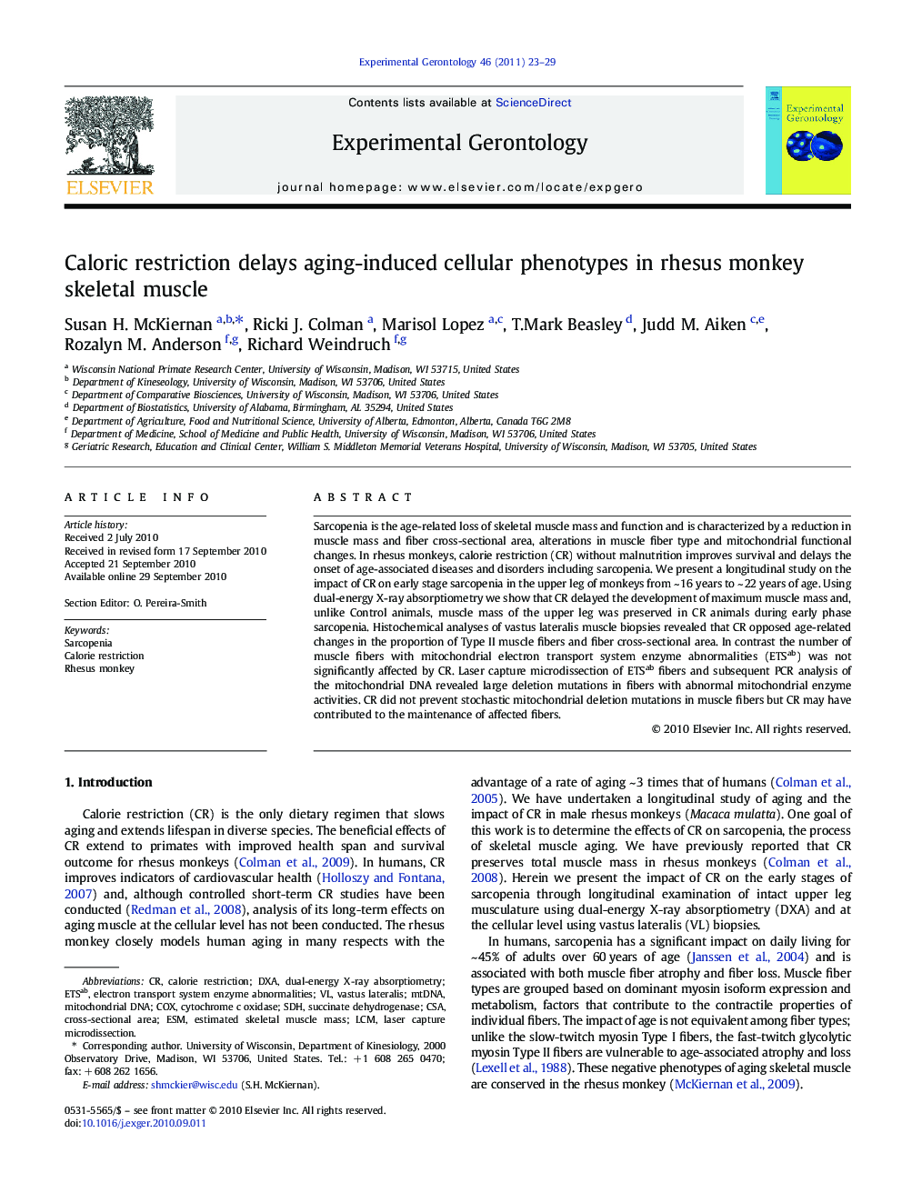 Caloric restriction delays aging-induced cellular phenotypes in rhesus monkey skeletal muscle