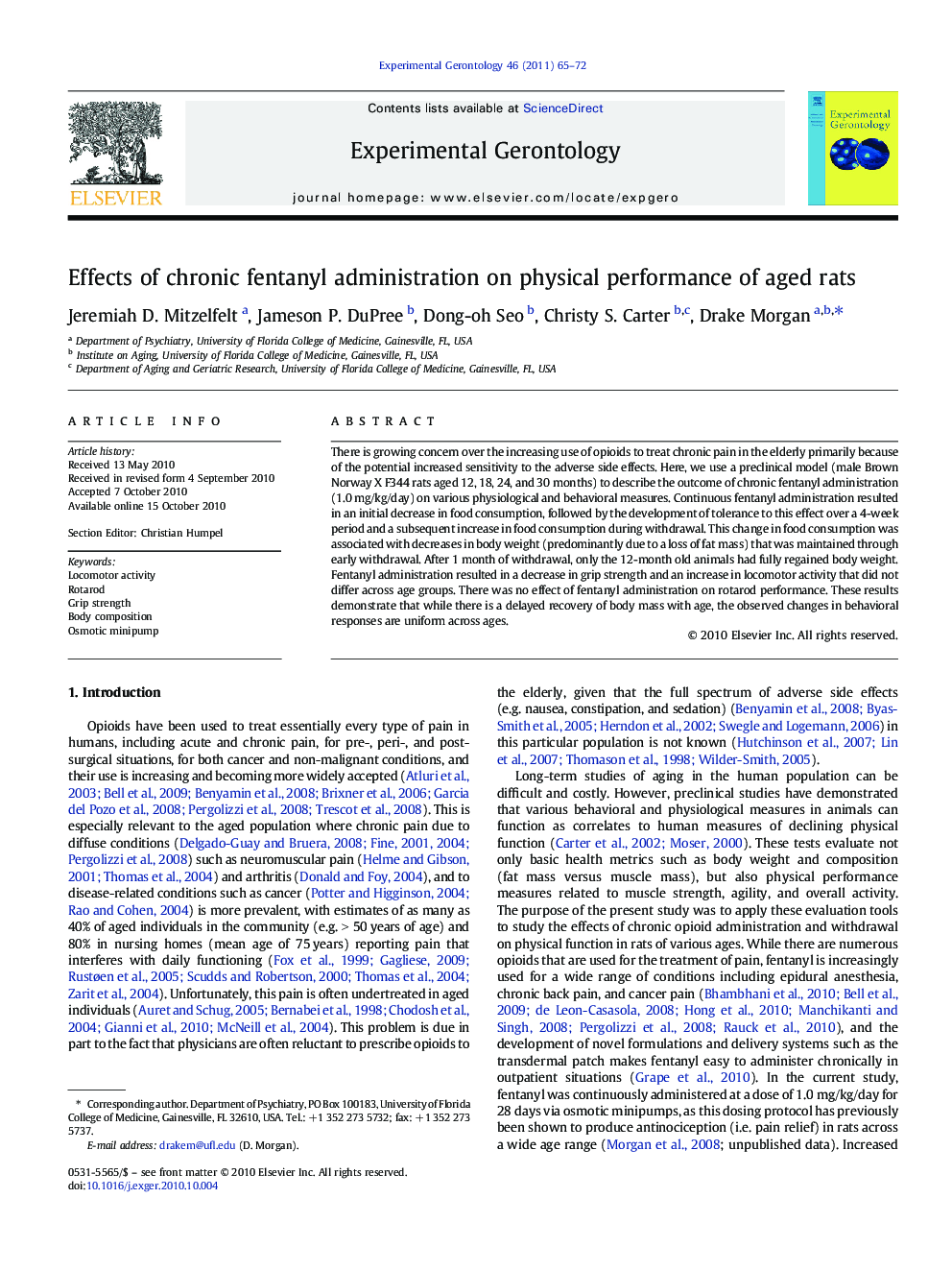 Effects of chronic fentanyl administration on physical performance of aged rats