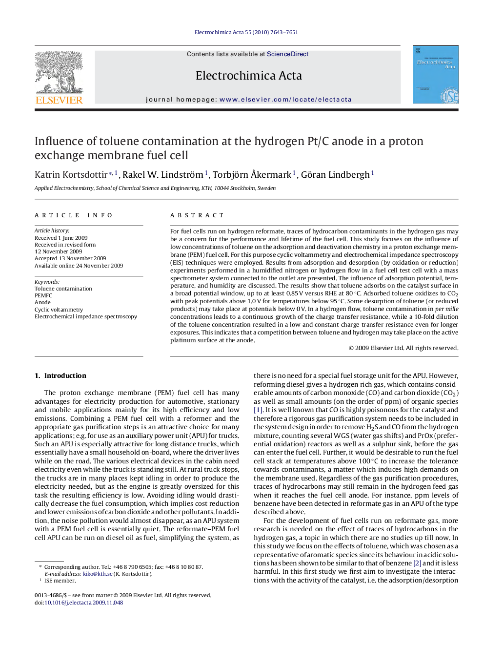 عکس صفحه اول مقاله: Influence of toluene contamination at the hydrogen Pt/C anode in a proton exchange membrane fuel cell Influence of toluene contamination at the hydrogen Pt/C anode in a proton exchange membrane fuel cell