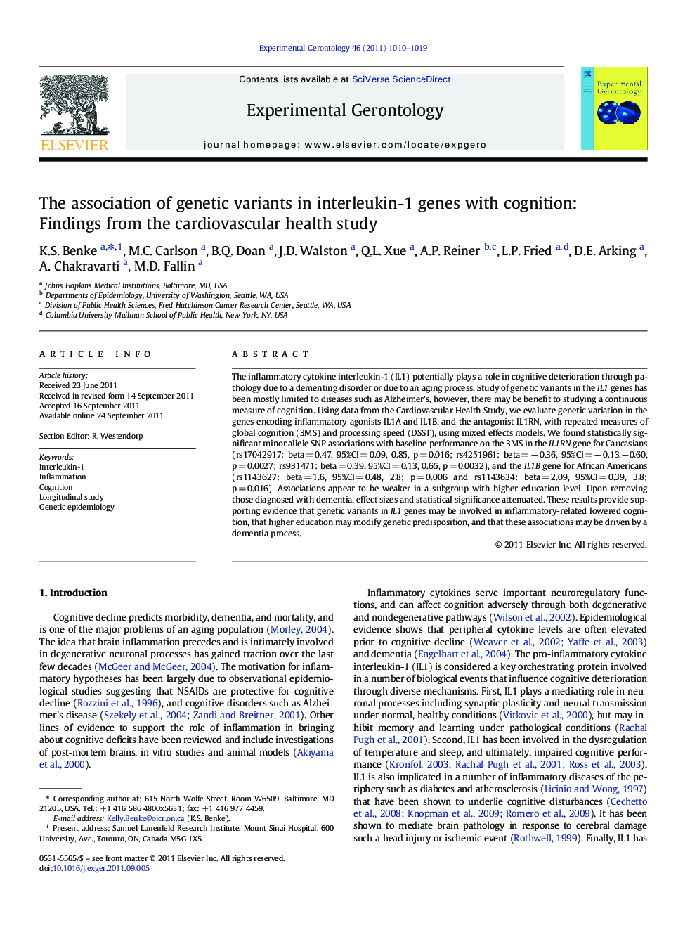 The association of genetic variants in interleukin-1 genes with cognition: Findings from the cardiovascular health study