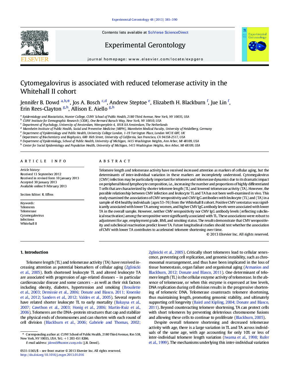 Cytomegalovirus is associated with reduced telomerase activity in the Whitehall II cohort