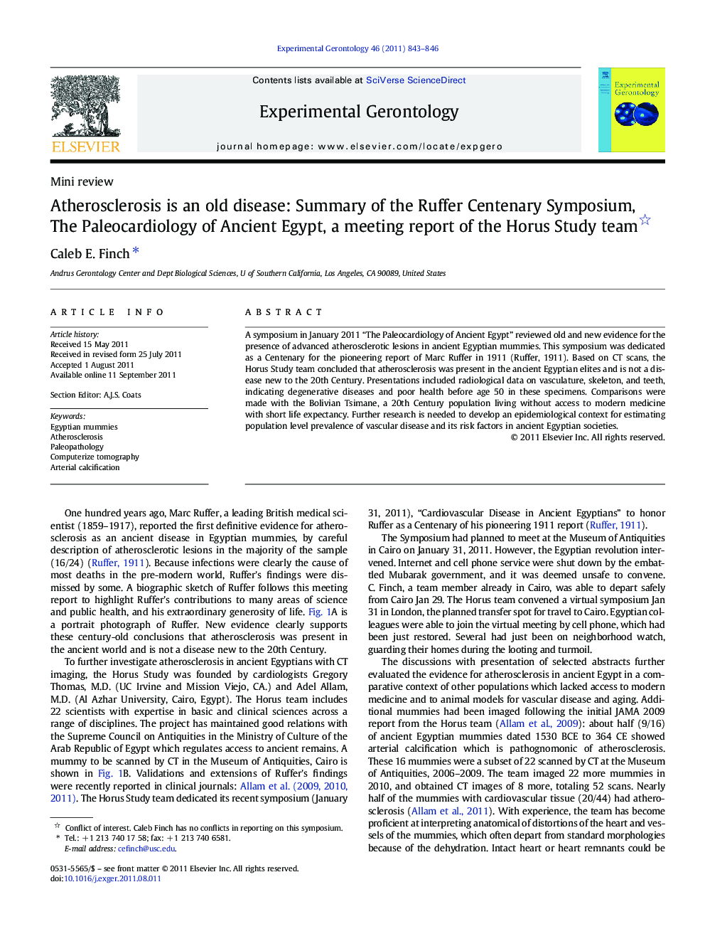 Atherosclerosis is an old disease: Summary of the Ruffer Centenary Symposium, The Paleocardiology of Ancient Egypt, a meeting report of the Horus Study team 