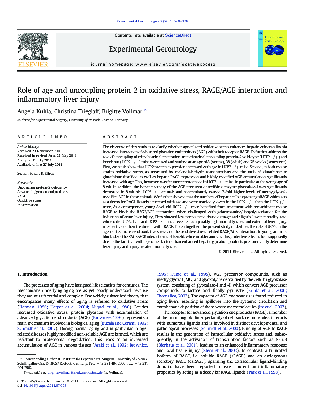 Role of age and uncoupling protein-2 in oxidative stress, RAGE/AGE interaction and inflammatory liver injury