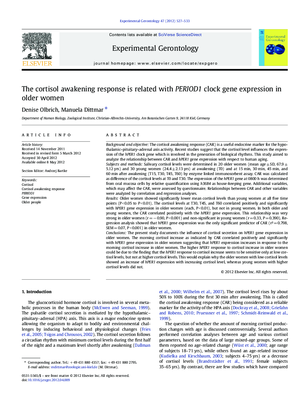 The cortisol awakening response is related with PERIOD1 clock gene expression in older women