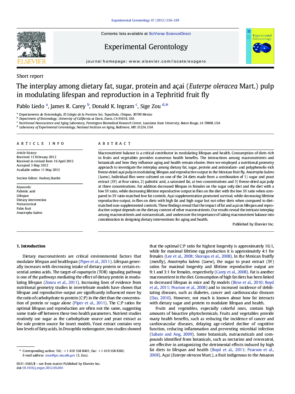 The interplay among dietary fat, sugar, protein and açai (Euterpe oleracea Mart.) pulp in modulating lifespan and reproduction in a Tephritid fruit fly