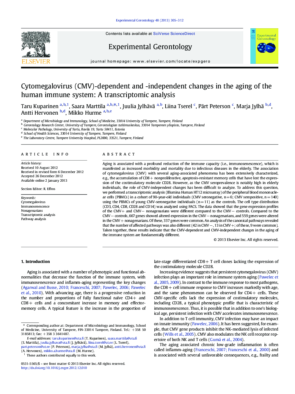 Cytomegalovirus (CMV)-dependent and -independent changes in the aging of the human immune system: A transcriptomic analysis