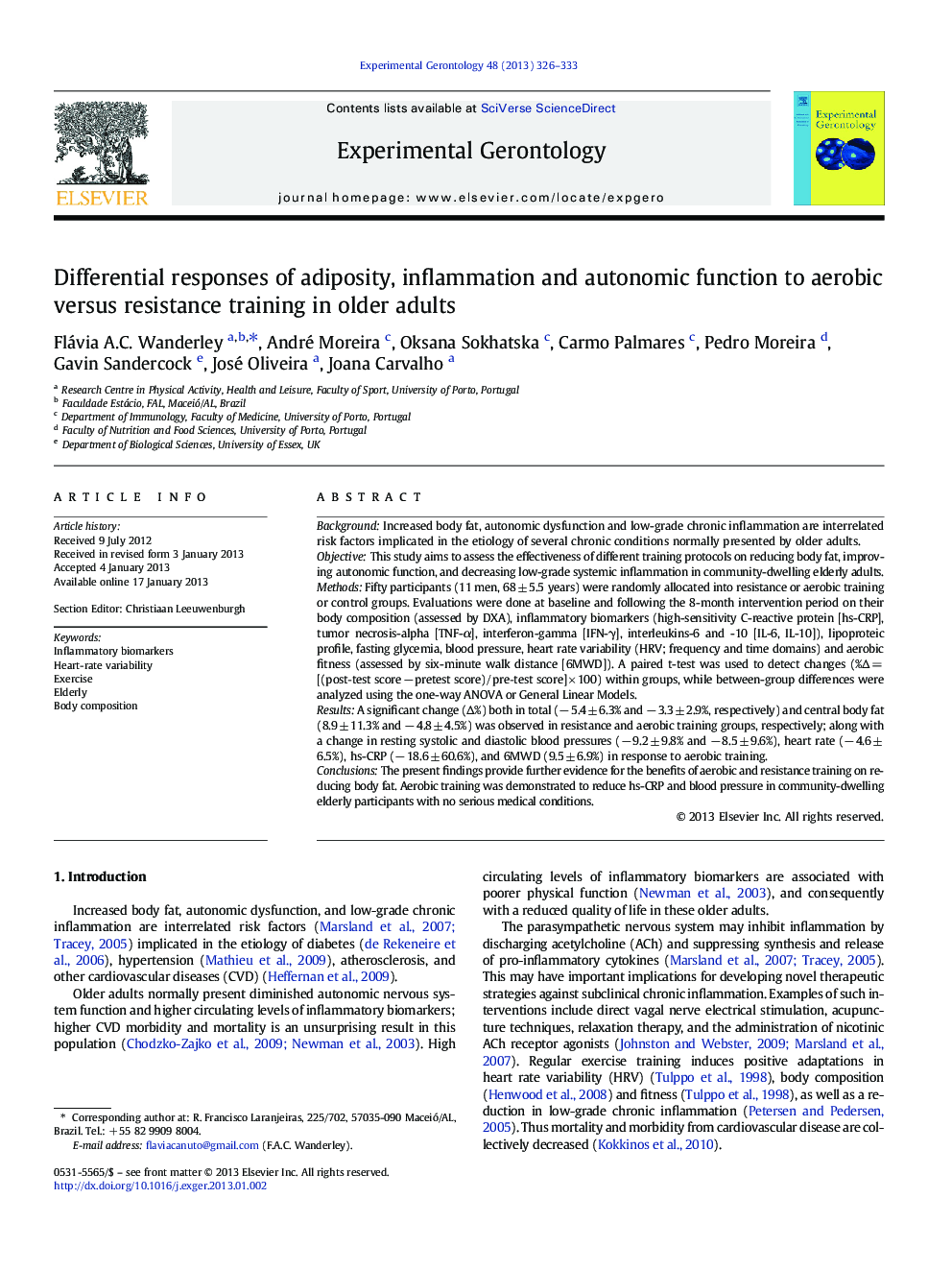 Differential responses of adiposity, inflammation and autonomic function to aerobic versus resistance training in older adults