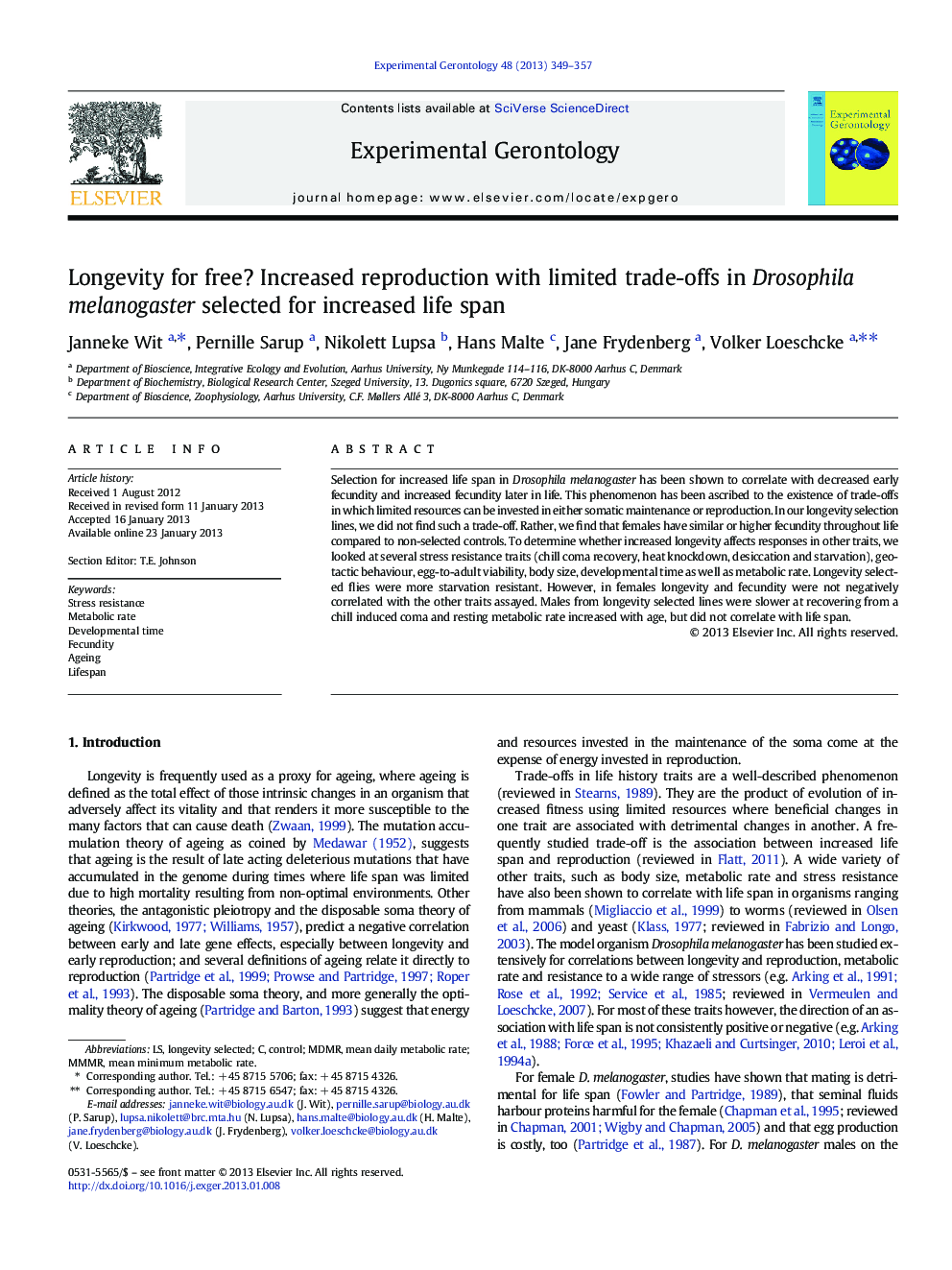 Longevity for free? Increased reproduction with limited trade-offs in Drosophila melanogaster selected for increased life span