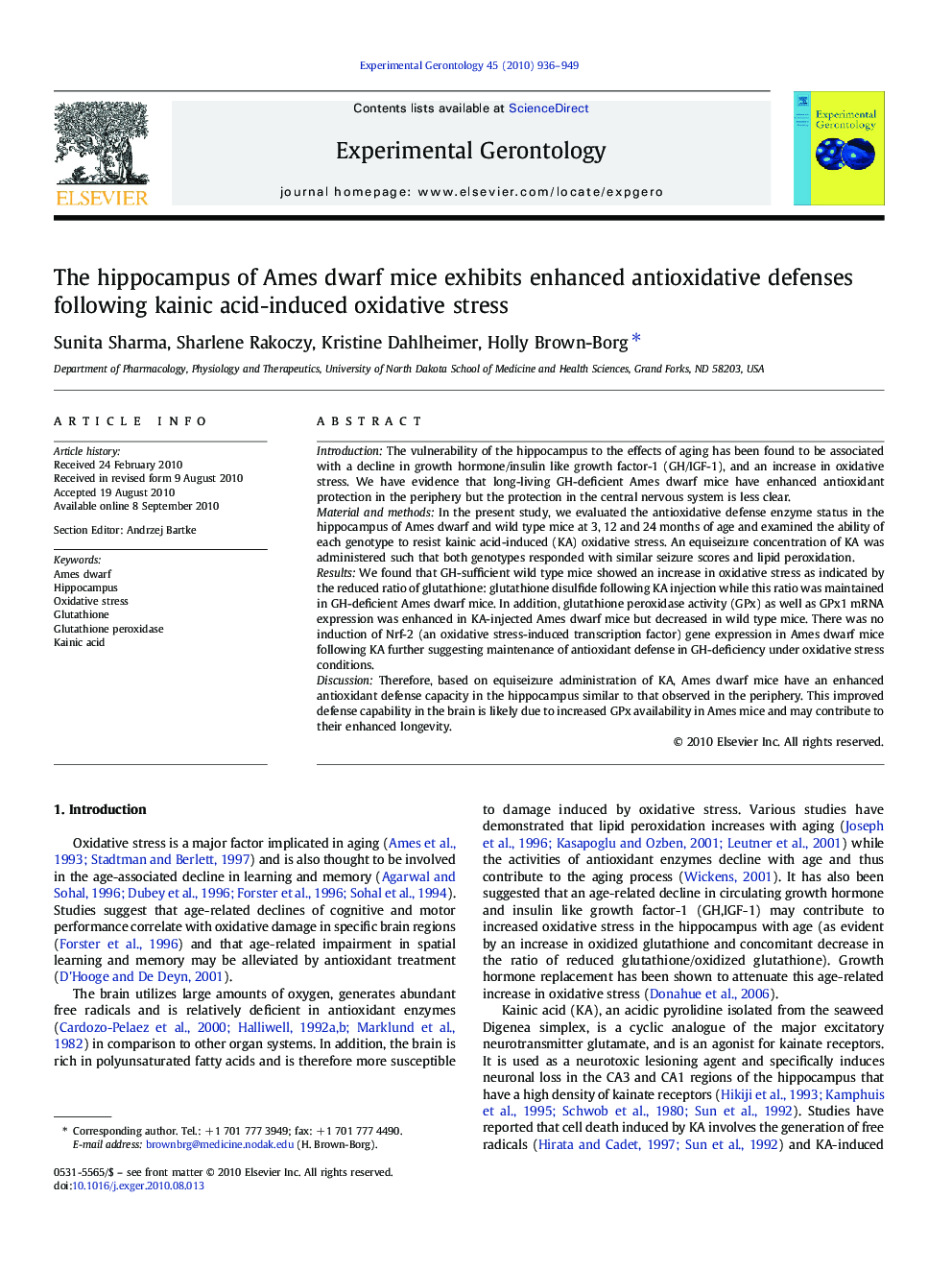 The hippocampus of Ames dwarf mice exhibits enhanced antioxidative defenses following kainic acid-induced oxidative stress