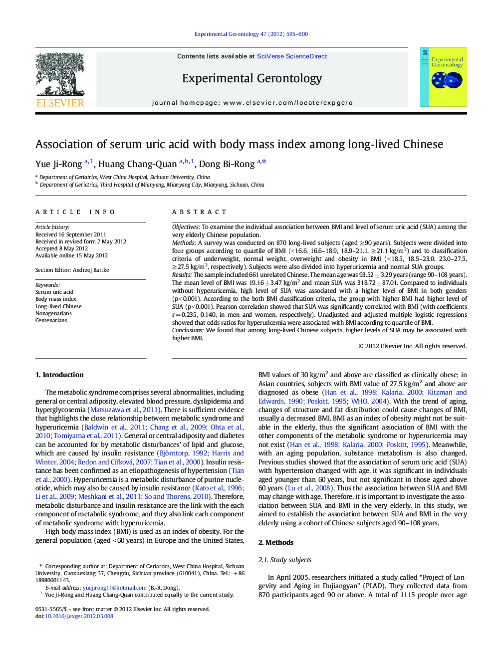 Association of serum uric acid with body mass index among long-lived Chinese