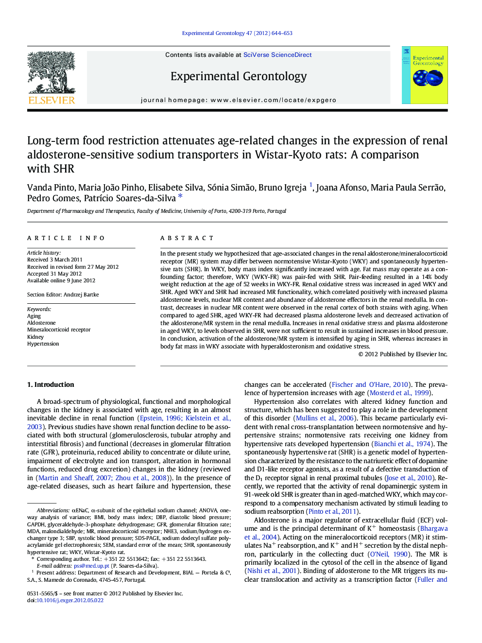 Long-term food restriction attenuates age-related changes in the expression of renal aldosterone-sensitive sodium transporters in Wistar-Kyoto rats: A comparison with SHR