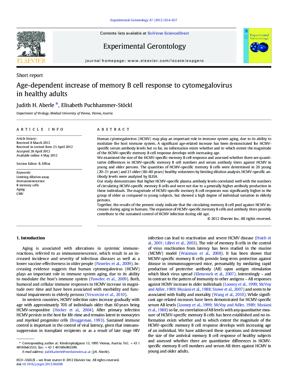 Age-dependent increase of memory B cell response to cytomegalovirus in healthy adults