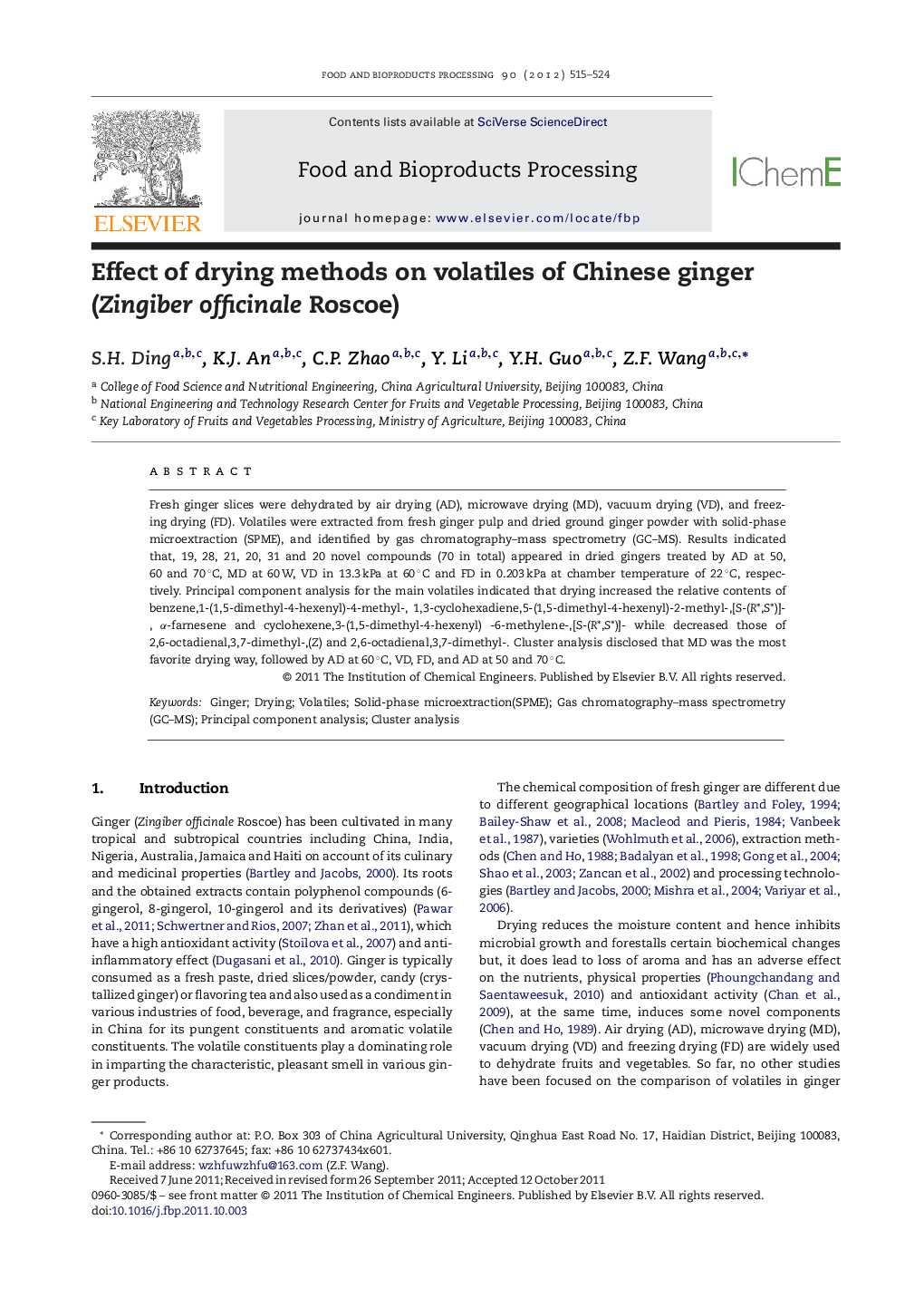 Effect of drying methods on volatiles of Chinese ginger (Zingiber officinale Roscoe)