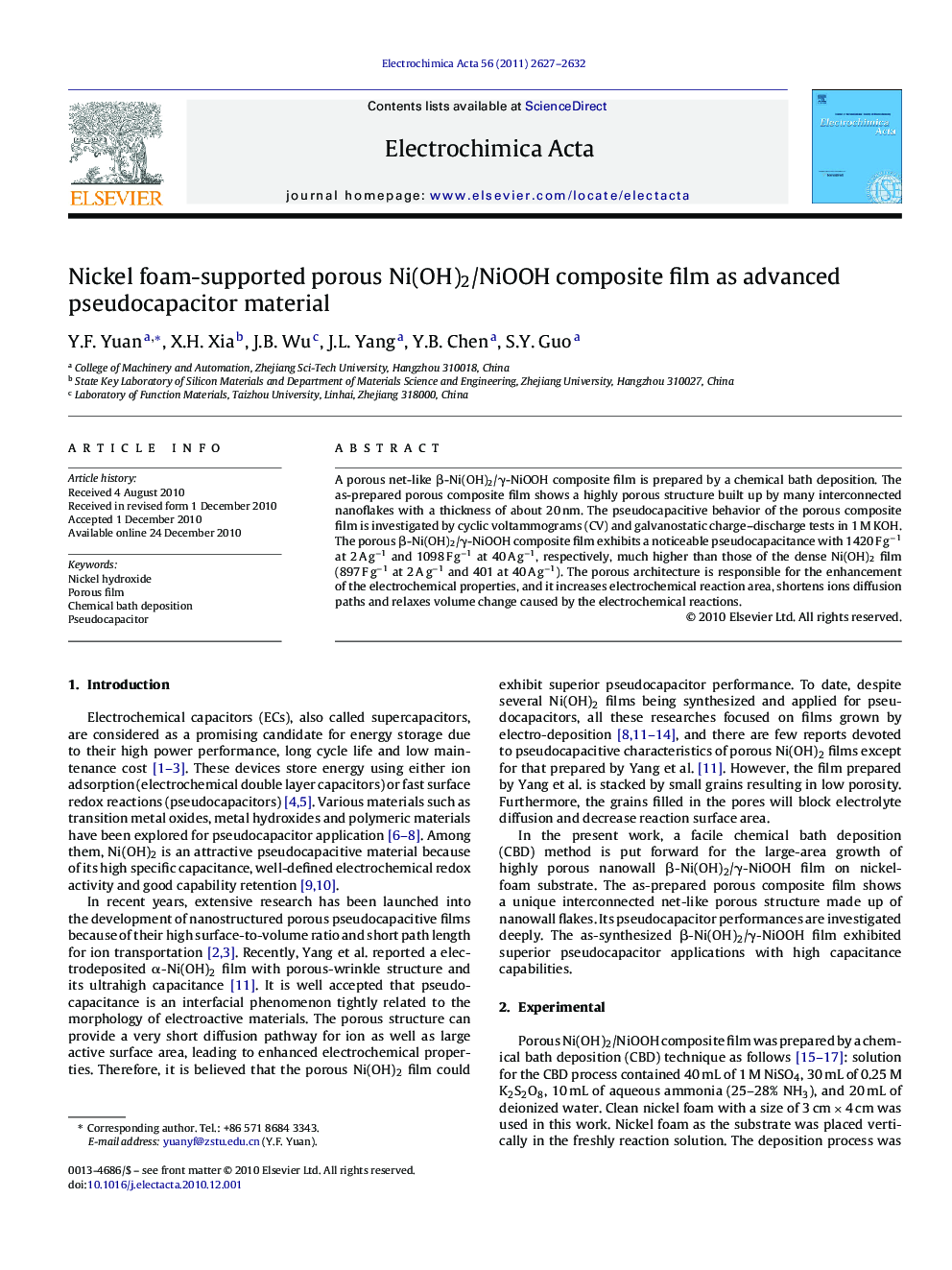 Nickel foam-supported porous Ni(OH)2/NiOOH composite film as advanced pseudocapacitor material