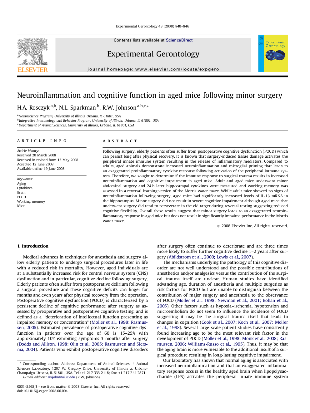 Neuroinflammation and cognitive function in aged mice following minor surgery