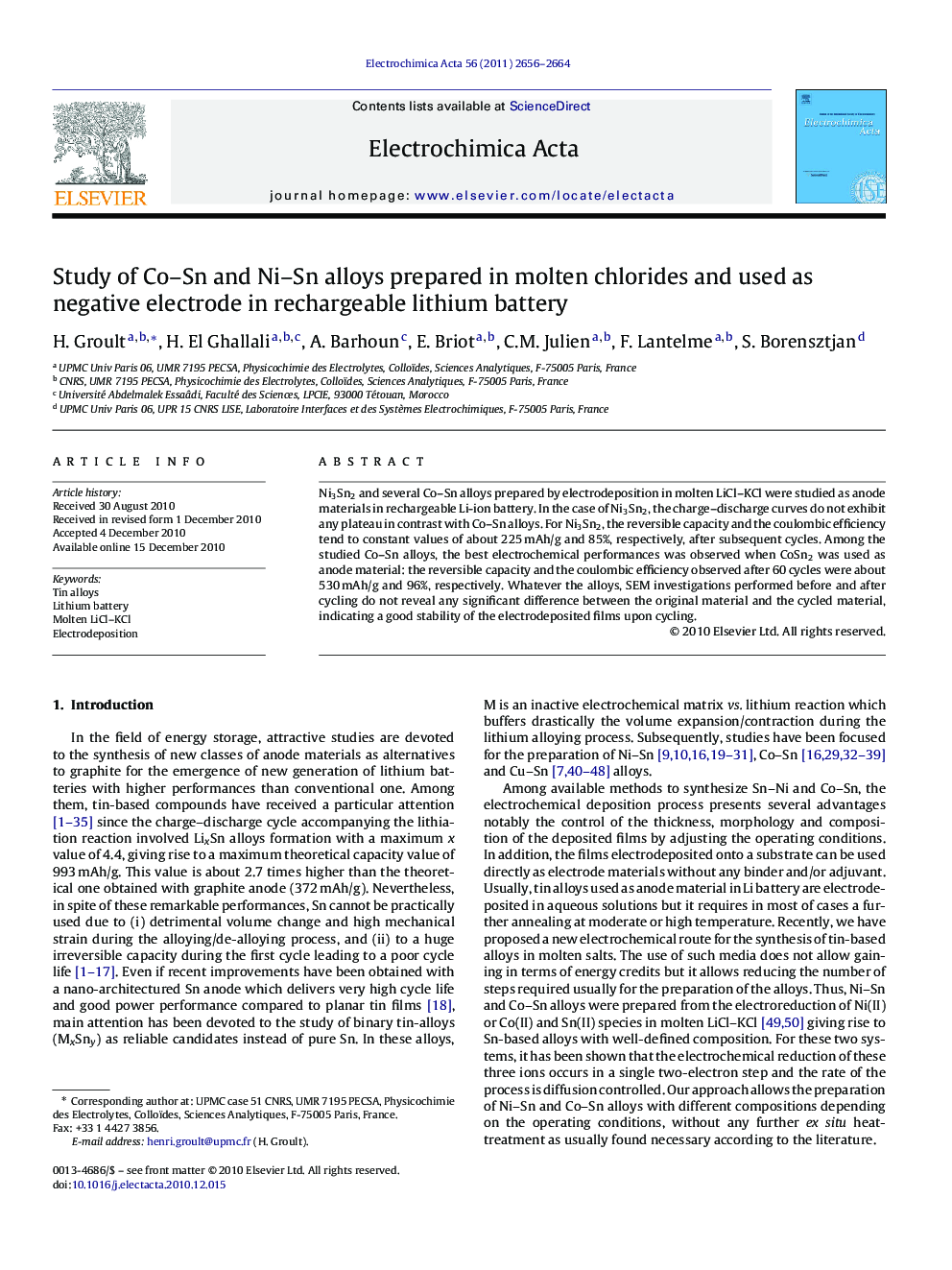 Study of Co–Sn and Ni–Sn alloys prepared in molten chlorides and used as negative electrode in rechargeable lithium battery