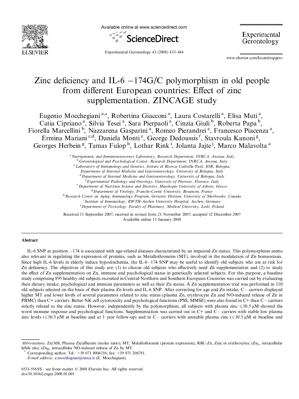 Zinc deficiency and IL-6 −174G/C polymorphism in old people from different European countries: Effect of zinc supplementation. ZINCAGE study