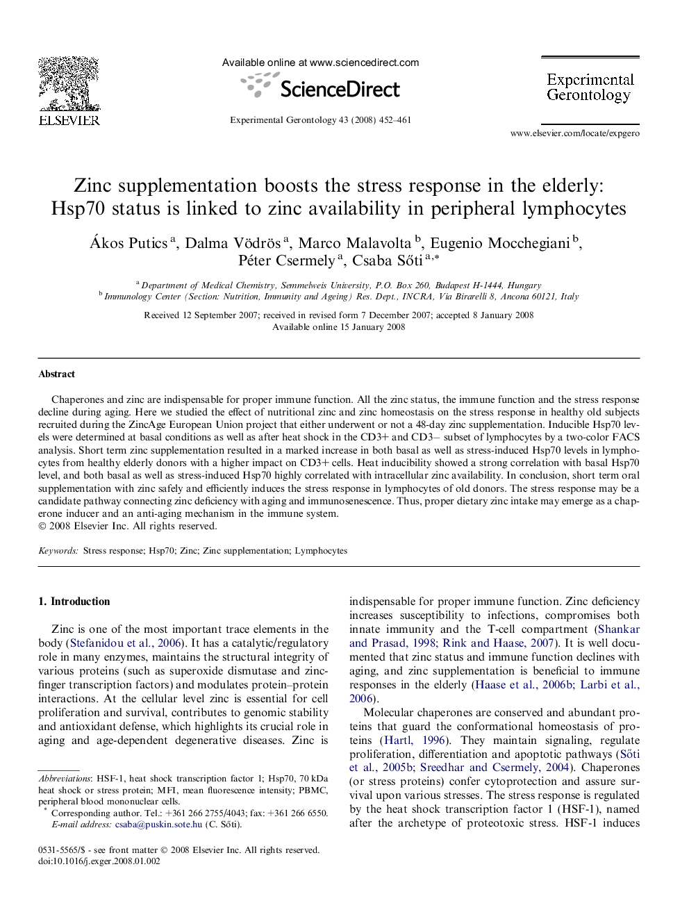 Zinc supplementation boosts the stress response in the elderly: Hsp70 status is linked to zinc availability in peripheral lymphocytes