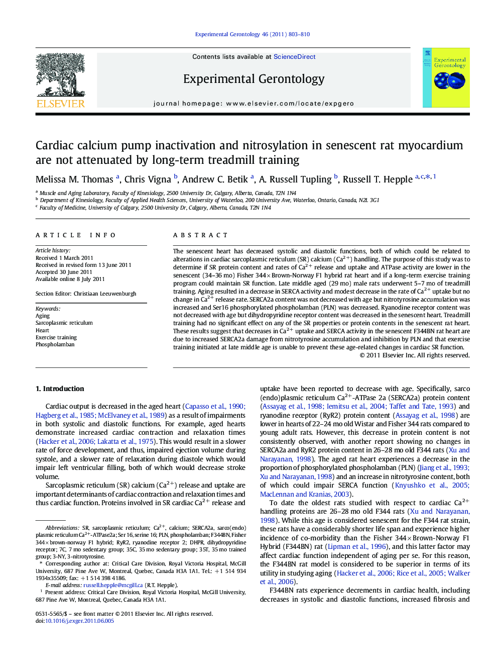 Cardiac calcium pump inactivation and nitrosylation in senescent rat myocardium are not attenuated by long-term treadmill training