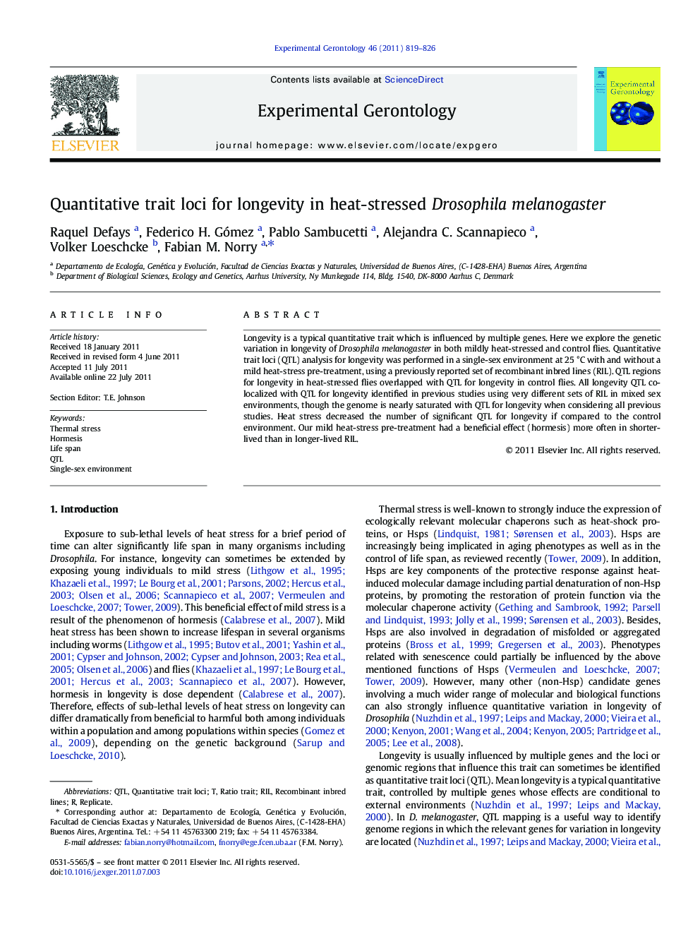 Quantitative trait loci for longevity in heat-stressed Drosophila melanogaster