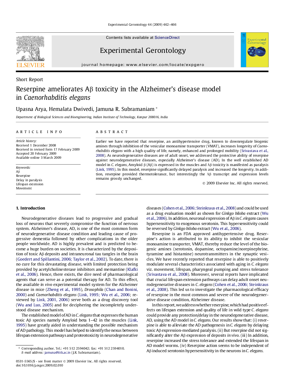 Reserpine ameliorates Aβ toxicity in the Alzheimer’s disease model in Caenorhabditis elegans