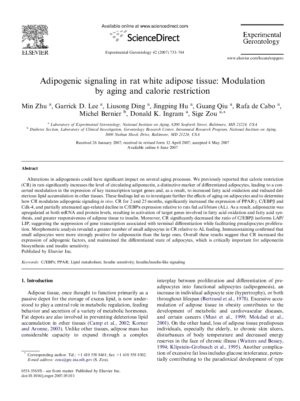 Adipogenic signaling in rat white adipose tissue: Modulation by aging and calorie restriction