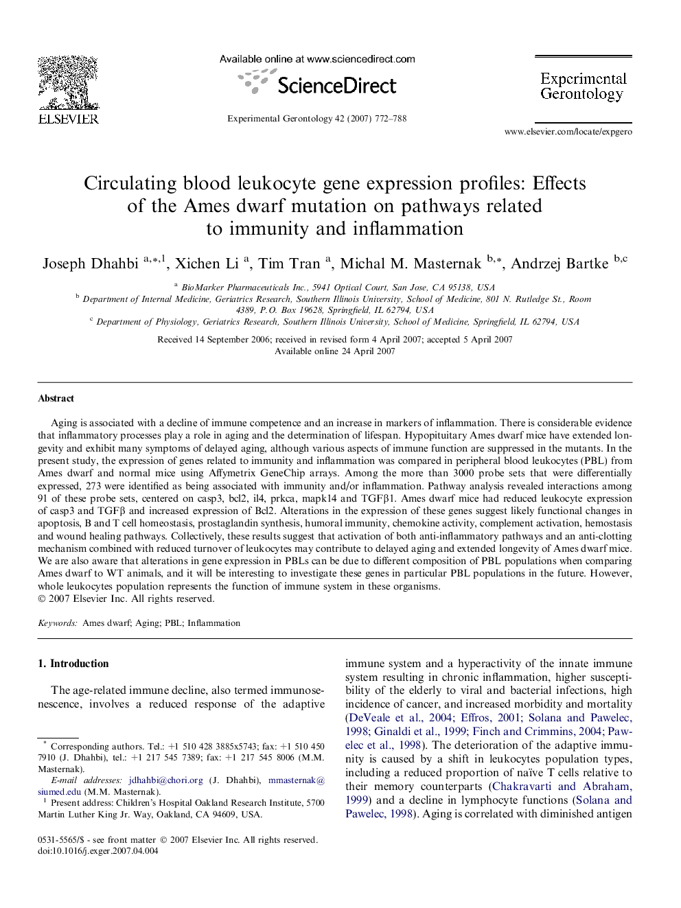 Circulating blood leukocyte gene expression profiles: Effects of the Ames dwarf mutation on pathways related to immunity and inflammation