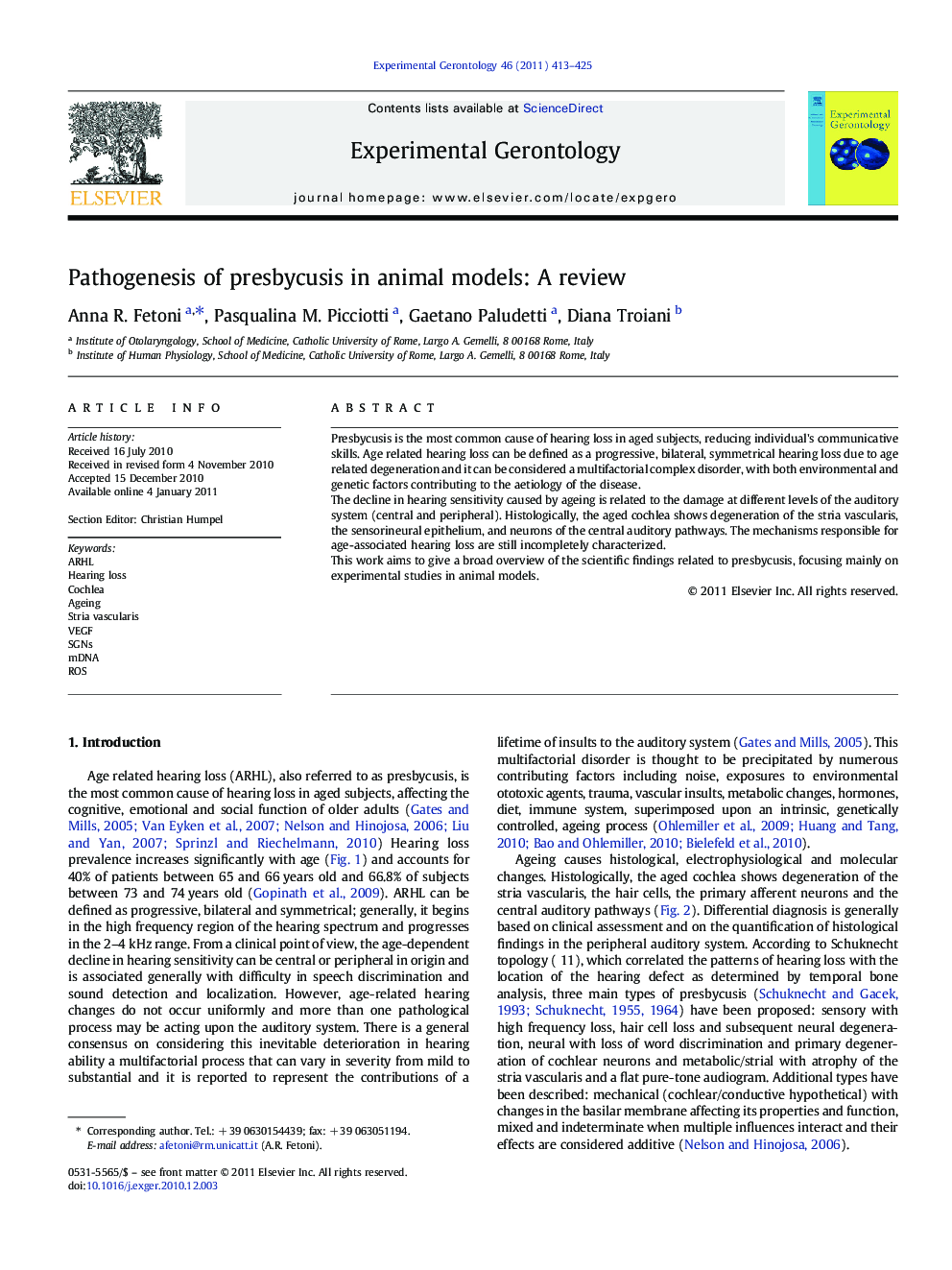 Pathogenesis of presbycusis in animal models: A review