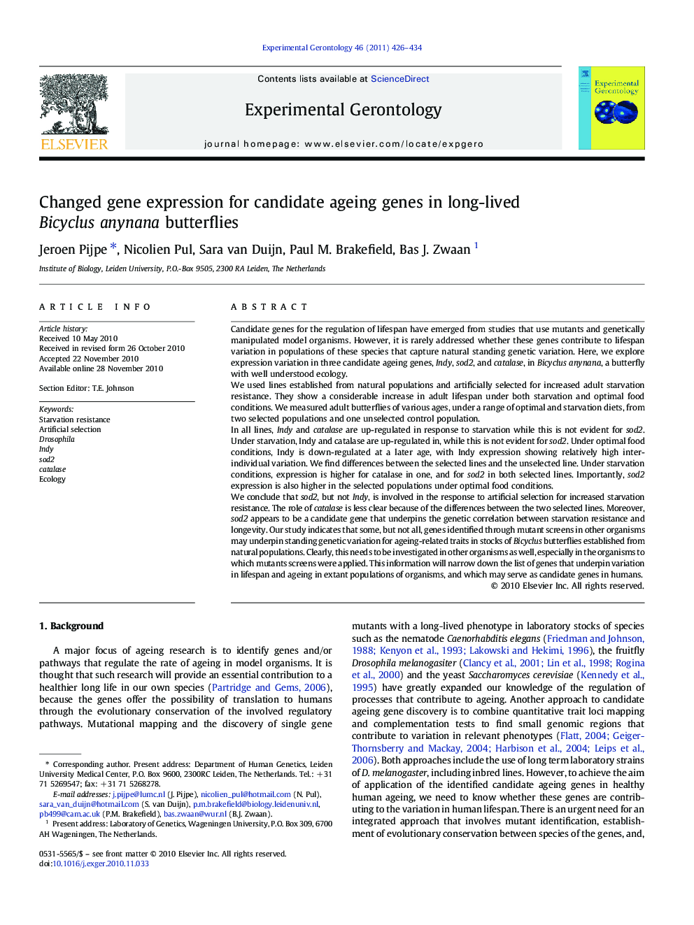 Changed gene expression for candidate ageing genes in long-lived Bicyclus anynana butterflies