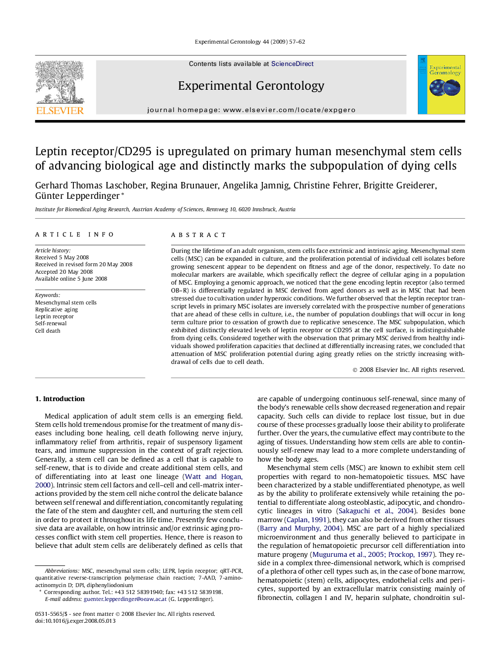 Leptin receptor/CD295 is upregulated on primary human mesenchymal stem cells of advancing biological age and distinctly marks the subpopulation of dying cells