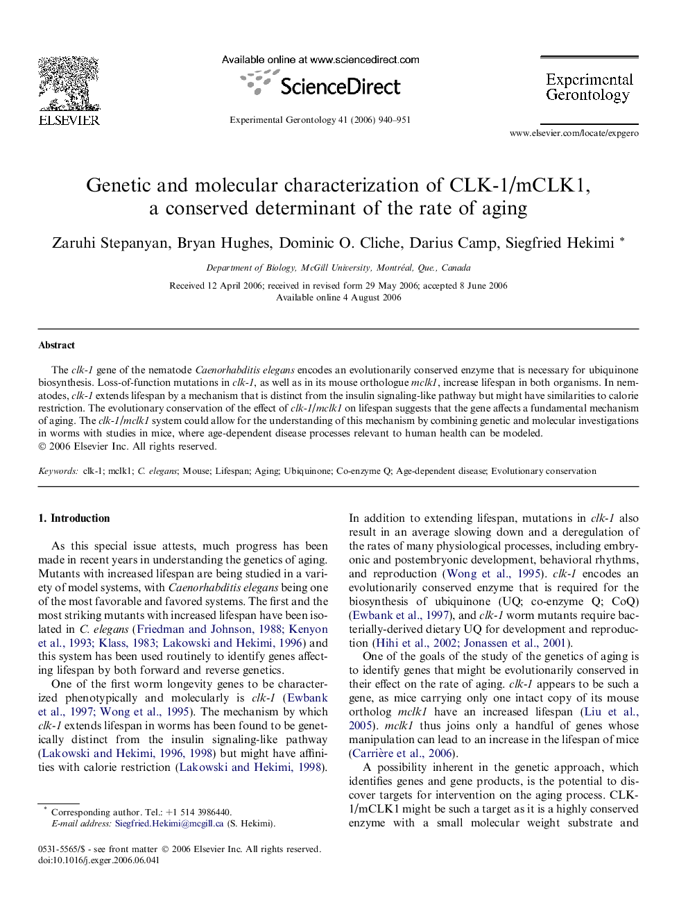 Genetic and molecular characterization of CLK-1/mCLK1, a conserved determinant of the rate of aging