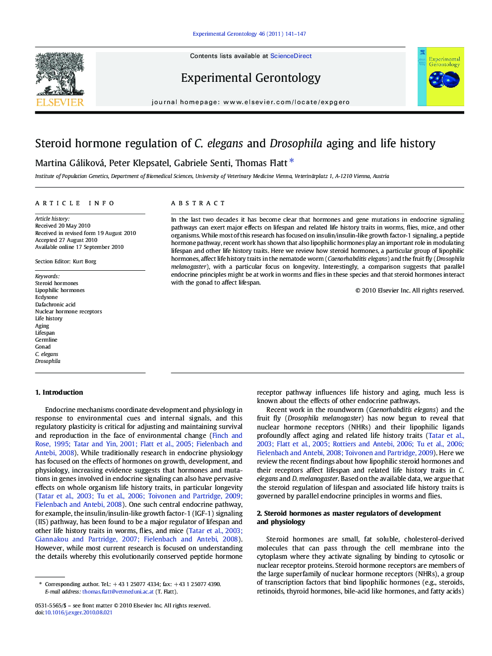 Steroid hormone regulation of C. elegans and Drosophila aging and life history