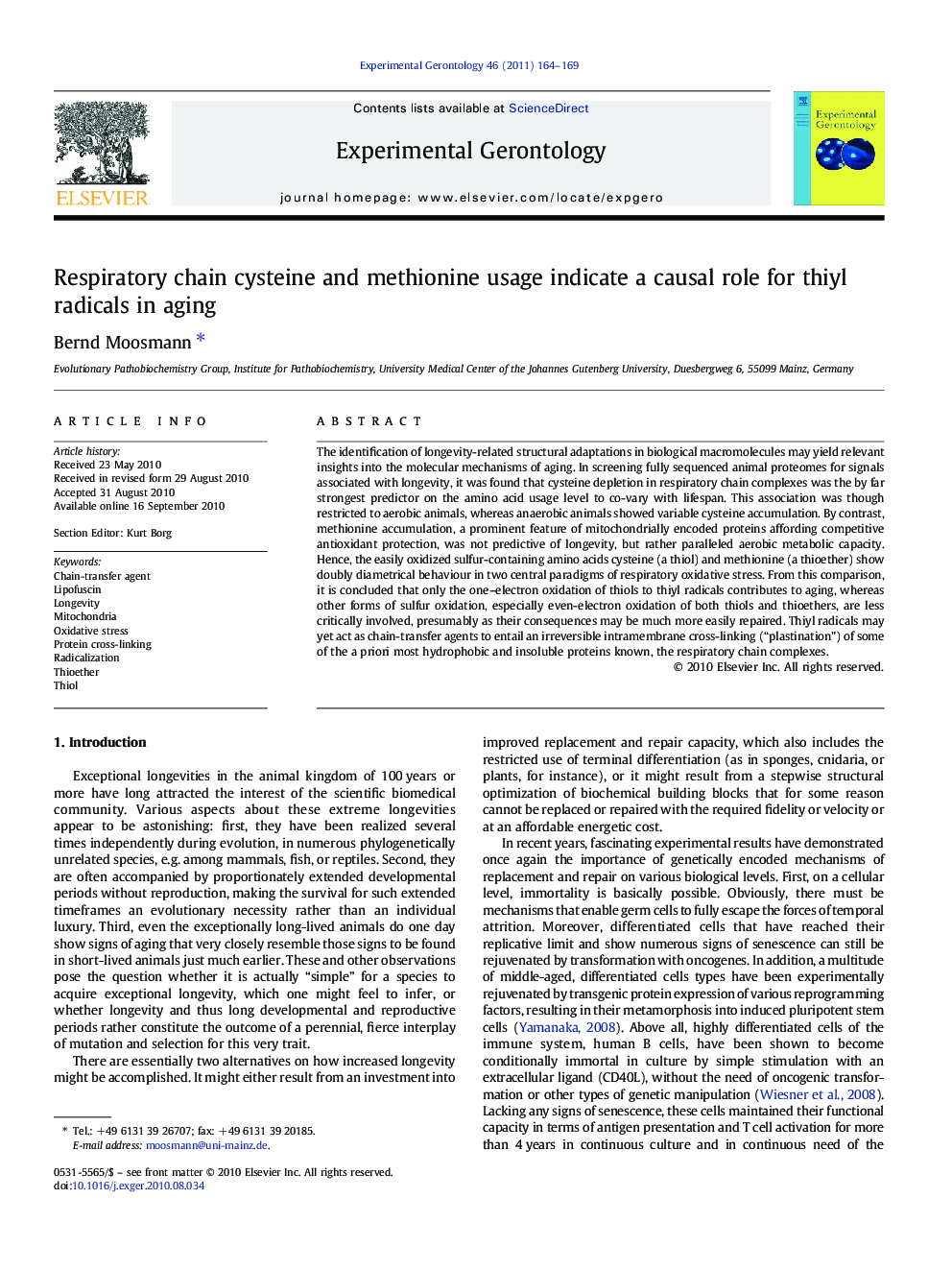 Respiratory chain cysteine and methionine usage indicate a causal role for thiyl radicals in aging