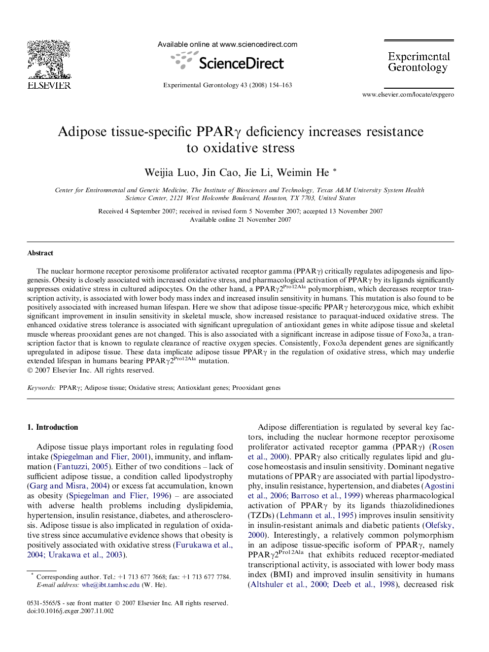 Adipose tissue-specific PPARγ deficiency increases resistance to oxidative stress