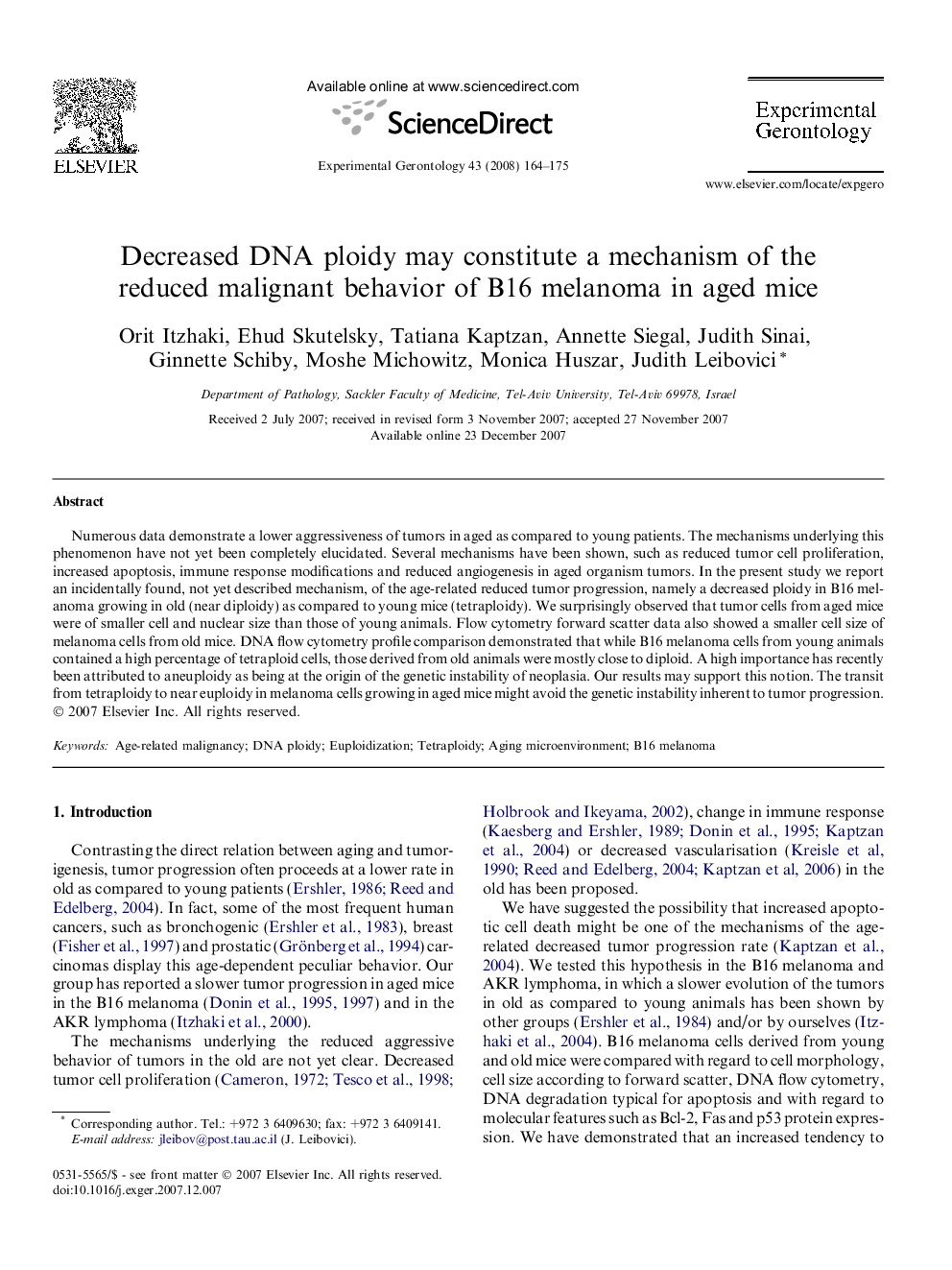 عکس صفحه اول مقاله: Decreased DNA ploidy may constitute a mechanism of the reduced malignant behavior of B16 melanoma in aged mice Decreased DNA ploidy may constitute a mechanism of the reduced malignant behavior of B16 melanoma in aged mice