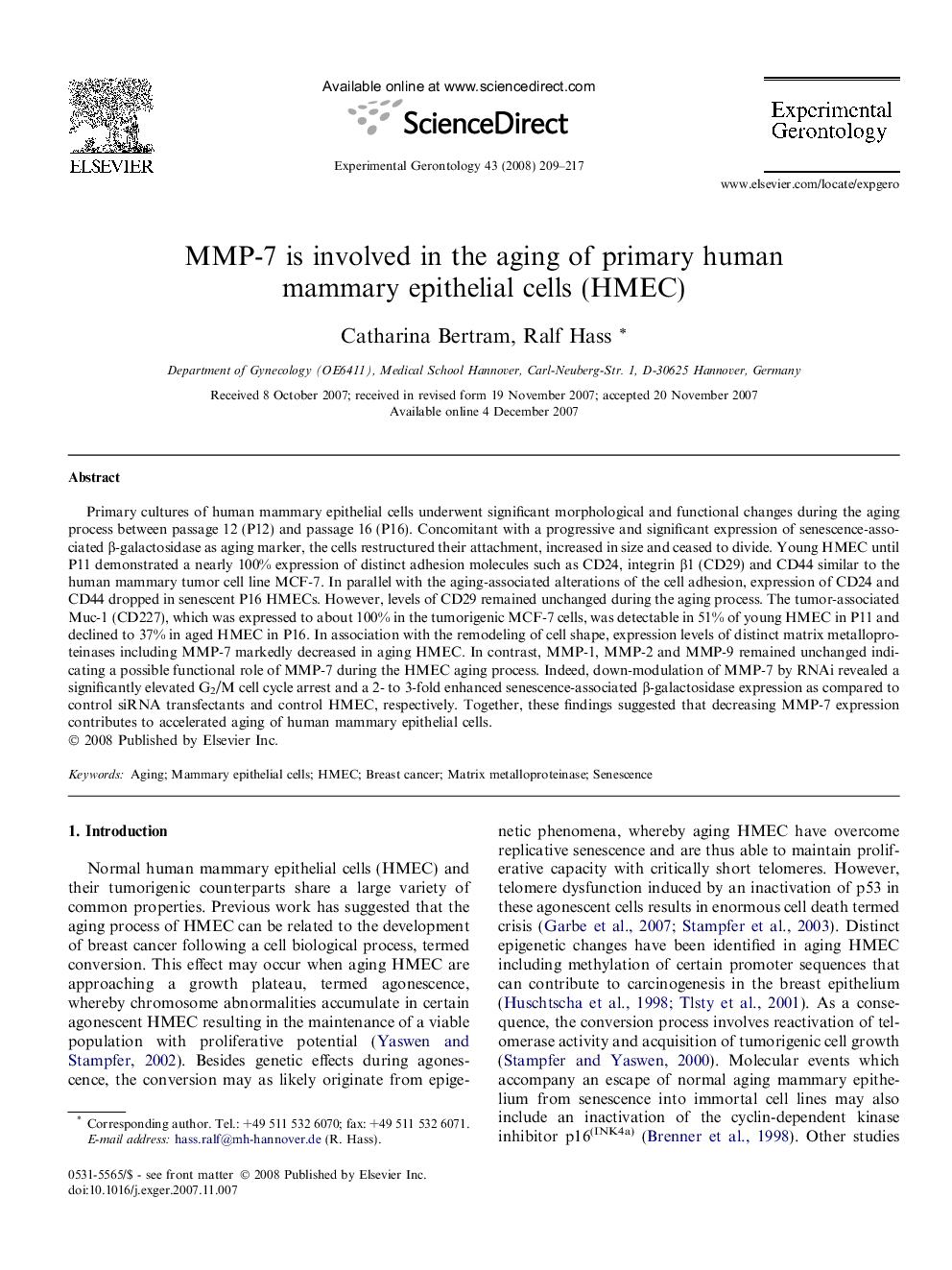 MMP-7 is involved in the aging of primary human mammary epithelial cells (HMEC)