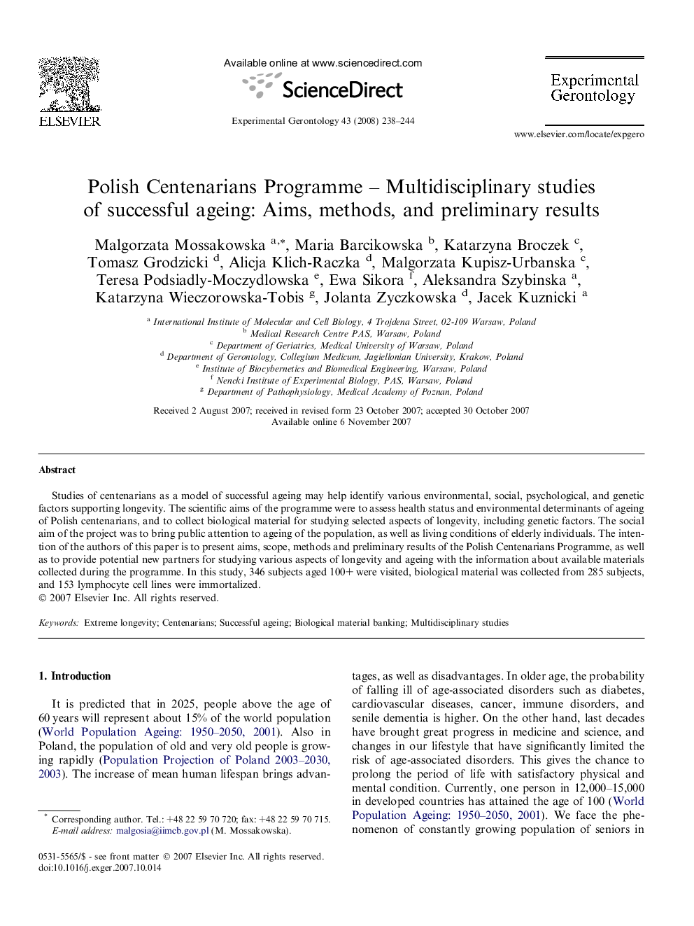 Polish Centenarians Programme – Multidisciplinary studies of successful ageing: Aims, methods, and preliminary results