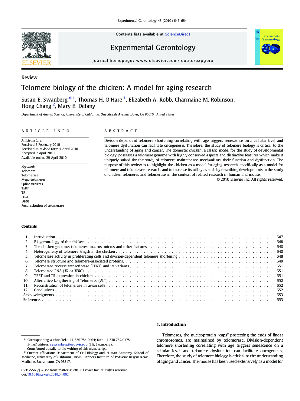 Telomere biology of the chicken: A model for aging research